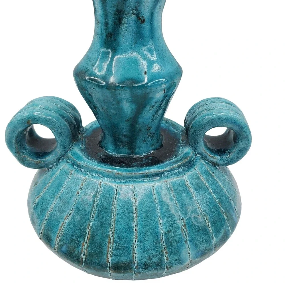 Turquoise Art Pottery Vase Ceramic Double Handle Ribbed Boho Decor Candlestick